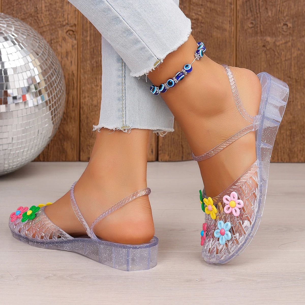 Korean Colorful Flower Transparent PVC Jelly Sandals Woman Summer 2026 Beach Wedges Heel Slippers Ladies Slingback Half Slippers