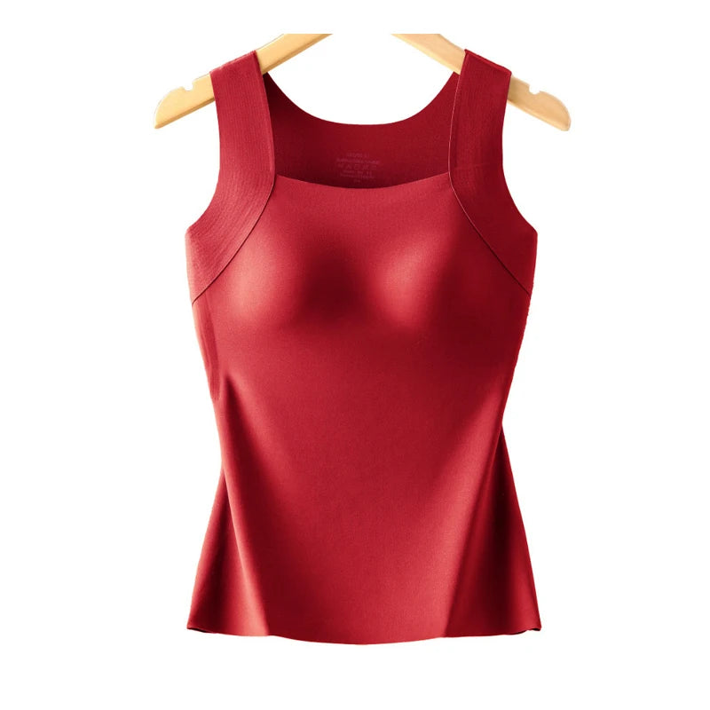 For 40-90kg Autumn Seamless Plus Size Thermal Vest With Build-in Bra For Women Fixed Cup Beauty Skin Tank Tops Square Collar
