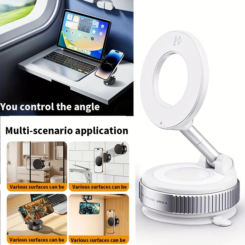 New car phone holder with magnetic suction, folding vacuum suction, rotating folding mechanism, and large silicone suction cup.