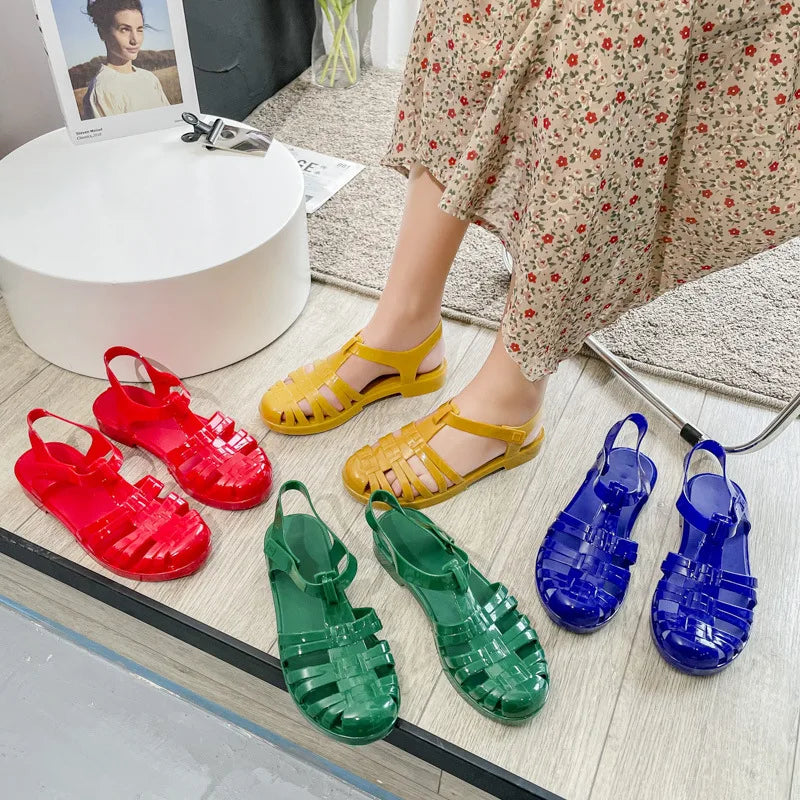 Summer Baotou Roman Women's Sandals Vintage Flat Heel Transparent Crystal Beach Shoes Flat Bottom Plastic Jelly Shoes SHW147