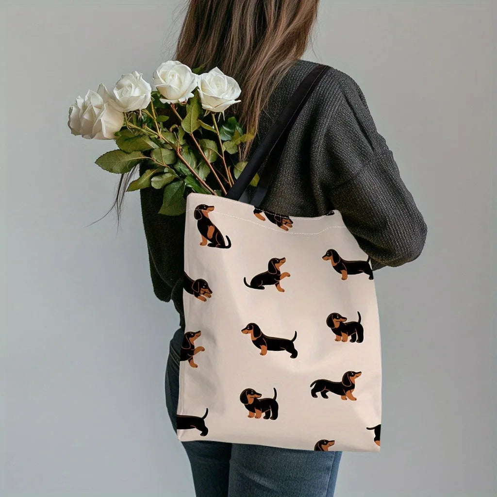 Chic Dachshund Print Tote Bag Large Capacity Casual Shoulder Handbag for Women Sturdy Polyester Reusable Grocery Shopping Bag