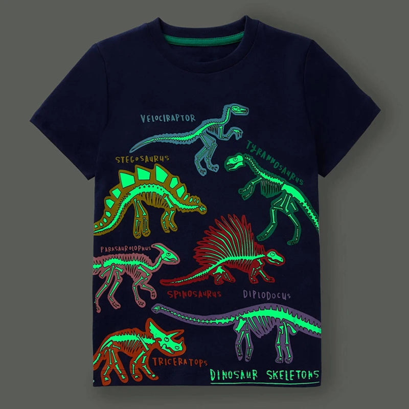 Boys Glow-in-the-Dark Dinosaur T-Shirt & Shorts Set – Cotton Summer Outfit, Ages 2–7