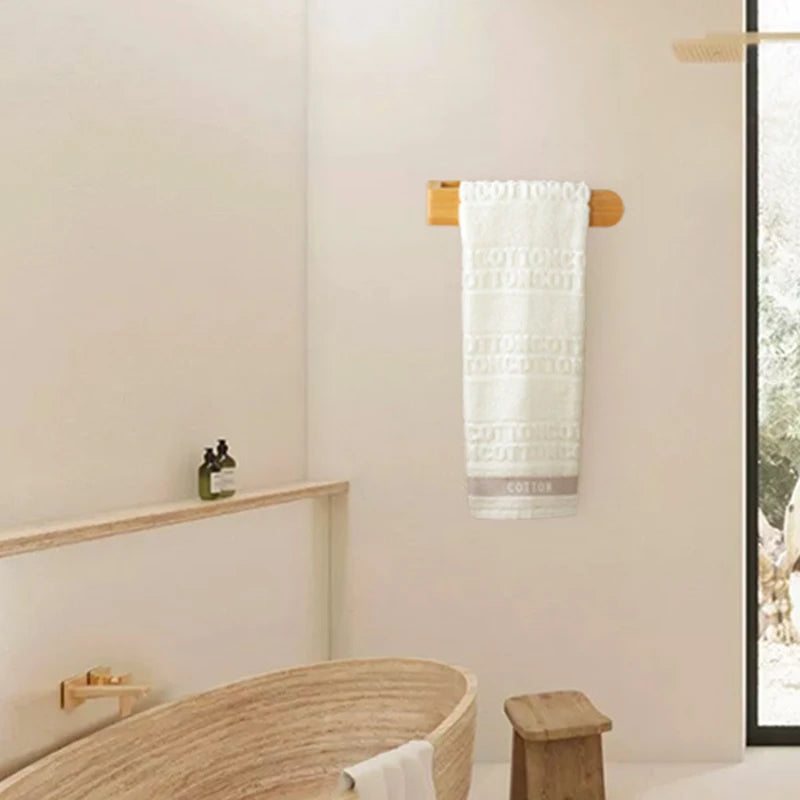 Bamboo Wooden Towel Rack, Adhesive Wall-Mounted Bathroom Organizer, No Drill Shelf for Home, Kitchen & Toilet Storage
