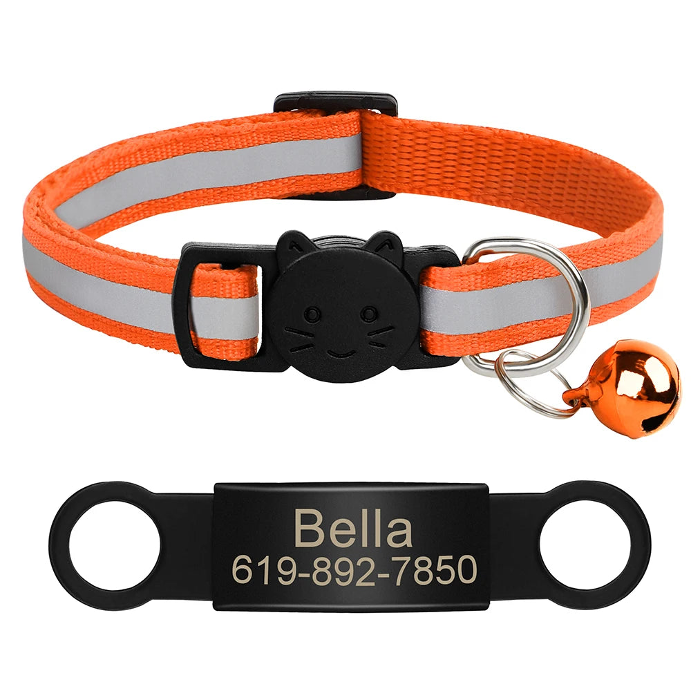 Customized Cat Collar Reflective Cat Collar Free Engraved Puppy Kitten Pet ID Nameplate Necklace With Bell Anti-lost For Cats