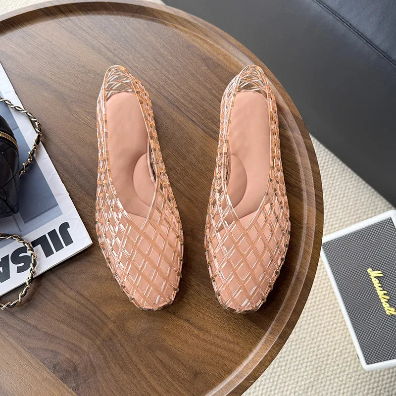 Women's Colorful Hollow Grid Flat Sandals Summer Ladies Flat Jelly Shoe DIY Non-slip Vacation Beach Shoes with Shoes Accessories