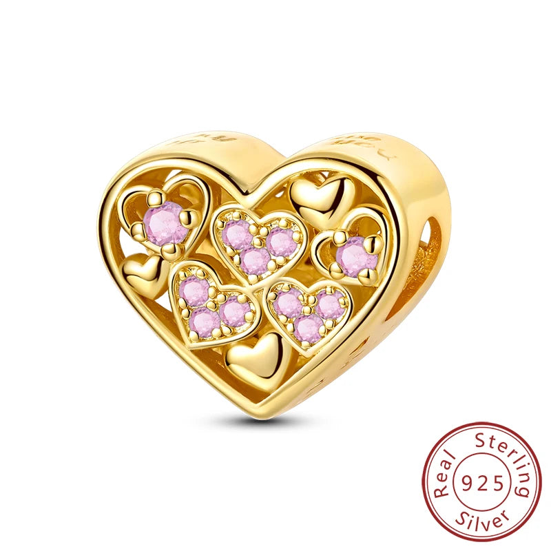 925 Sterling Silver Heart Shape Charm Beads Mother Daughter Family Pet Paw Beads Fit Bracelets Mother's Day Jewelry Gift