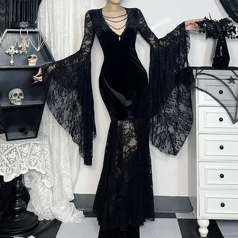 Halloween Costume Women Batwing Sleeve Floor Dress Black Gothic Evil Terror Maxi Mistress Morticia Addam Family Outfit For Adult