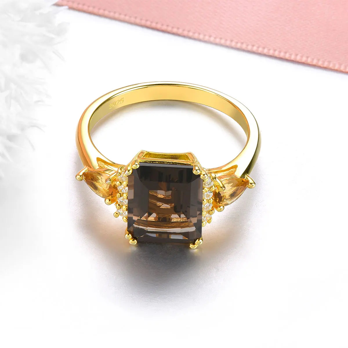 Natural Smoky Quarts Silver Yellow Gold Plated Rings 3.6 Carats Genuine Citrine Women's Classic Style S925 Fine Jewelry