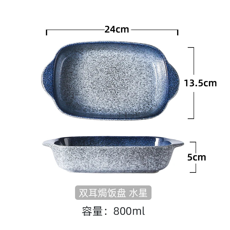 Japanese Tableware Binaural Baking Tray Ceramic Cheese Baked Rice Baking Bowl Oven Special Utensils with Tray Rectangular Plate