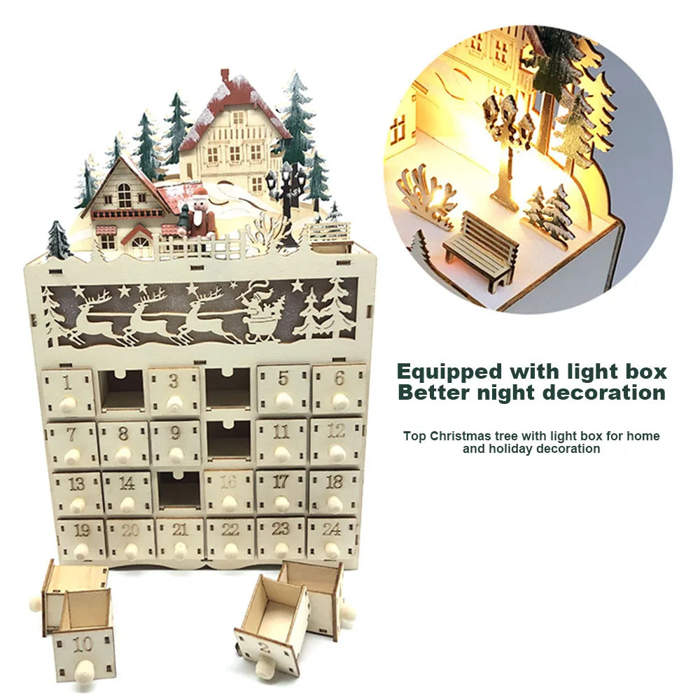 Wooden LED Village House Advent Calendar – Lighted Countdown with Drawers