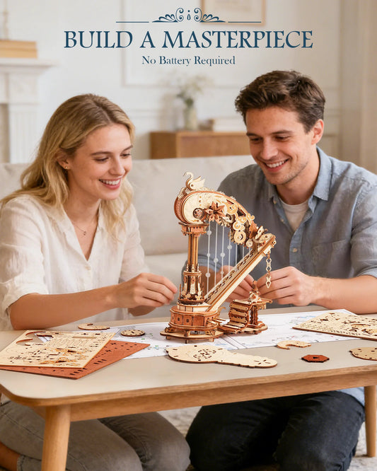 ROKR Magic Harp Music Box Wooden 3D Puzzle 350-Piece DIY Mechanical Model Building Kit for Home Desk Bookshelf Decor Gift for Adults Kids
