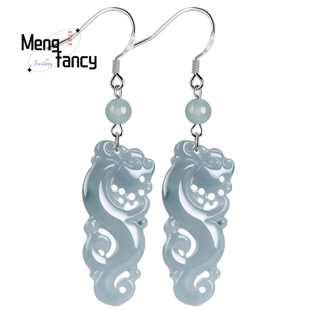S925 Silver Inlaid Natural A goods Jadeite Blue Water Retro Dragon Ice Jade Earrings Exquisite High-grade Luxury Quality Jewelry