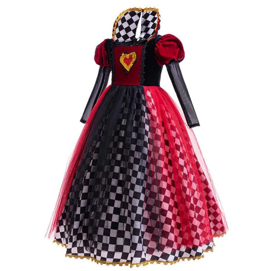 Girls Queen of Hearts Costume – Checkered Dress with Red Tulle Skirt, Ages 2–12
