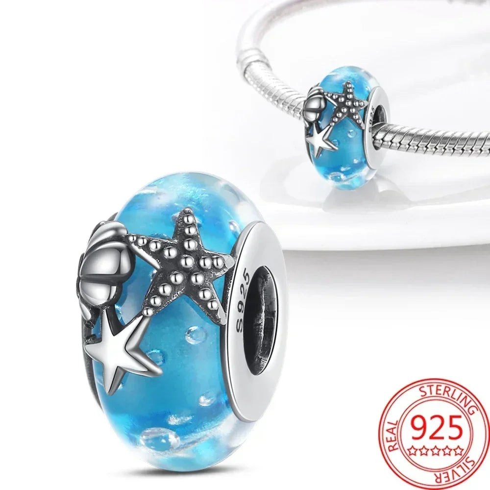 2025classic 925 Sterling Silver Colored Flower Leaf Cosmic Rainbow Murano Glass Charms Beads Fit DIY Bracelet Women Jewelry Gift