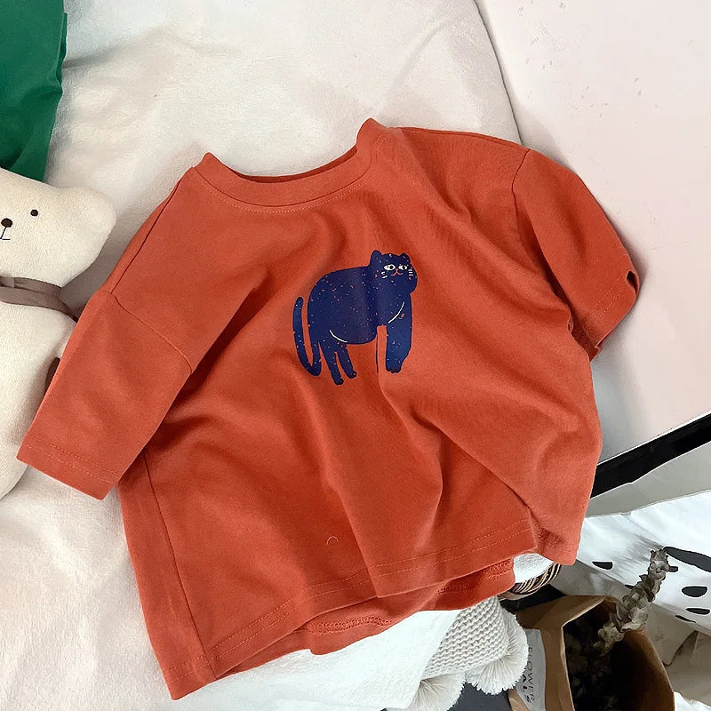 ‌Korean Style Summer Kids T-Shirt Cute Cartoon Print Loose Fit Drop Shoulder Mid-Sleeve Top for Baby Boys Girls Toddler Clothes