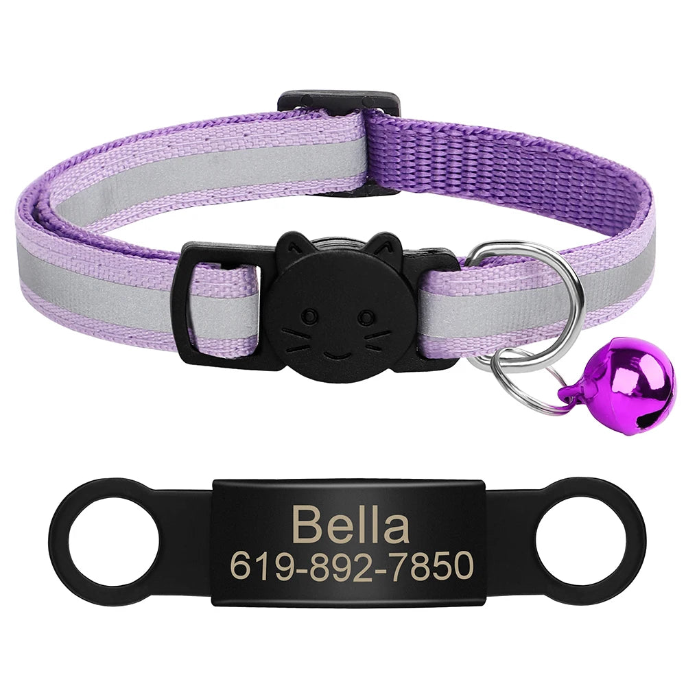 Customized Cat Collar Reflective Cat Collar Free Engraved Puppy Kitten Pet ID Nameplate Necklace With Bell Anti-lost For Cats
