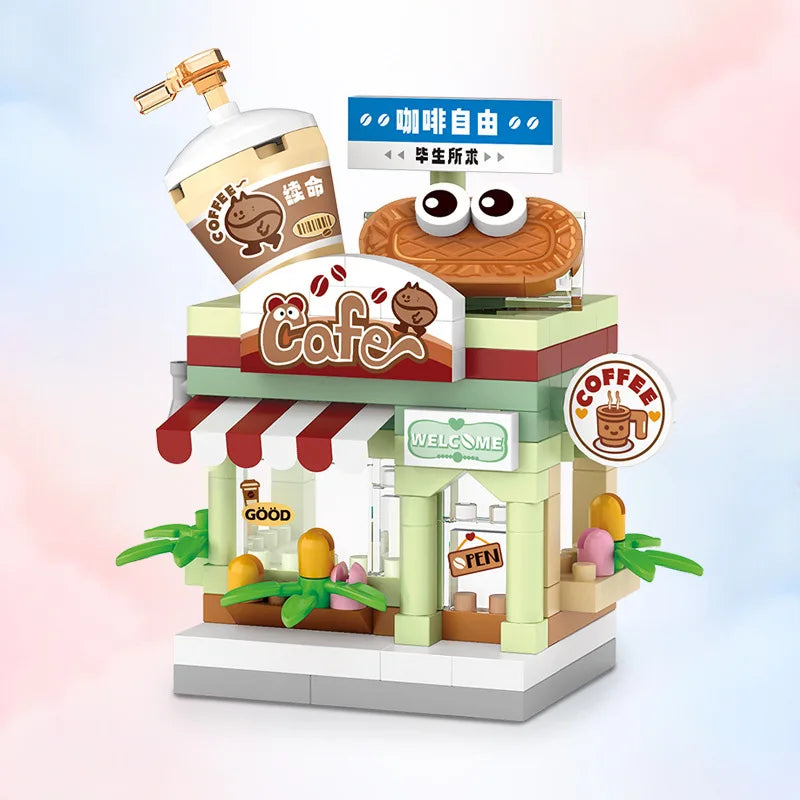 NEW Restaurant Dessert Coffee Pet Fruit Store Street View Food House Building Blocks Kit  Bricks Model Toy