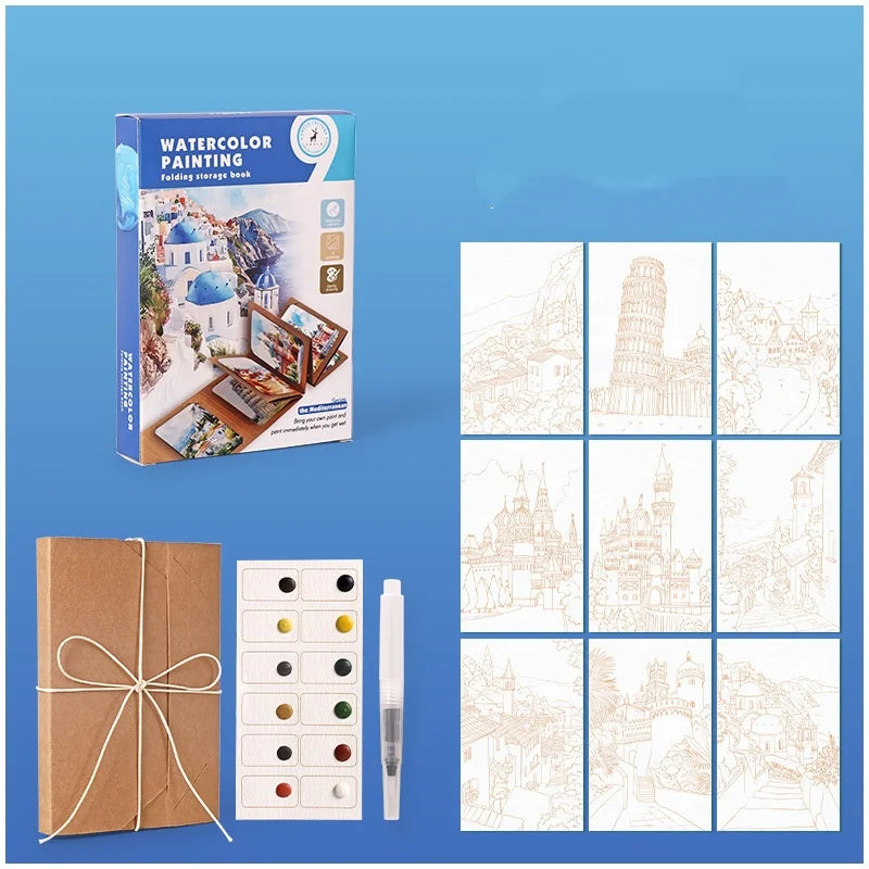 Bview Art Artistic Watercolor Kit: 12-Pan Solid Paints with Expandable Kraft Paper Folder, Compact Travel Painting Supplies