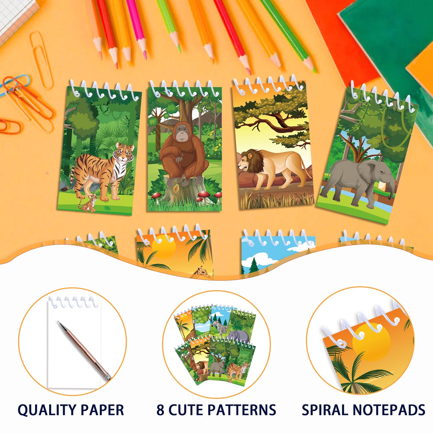 8pcs Jungle Animals Mini Spiral Pocket Notebooks Tiger Lion Memo Pad Coil Booklet Notepads For Office Stationery School Diaries