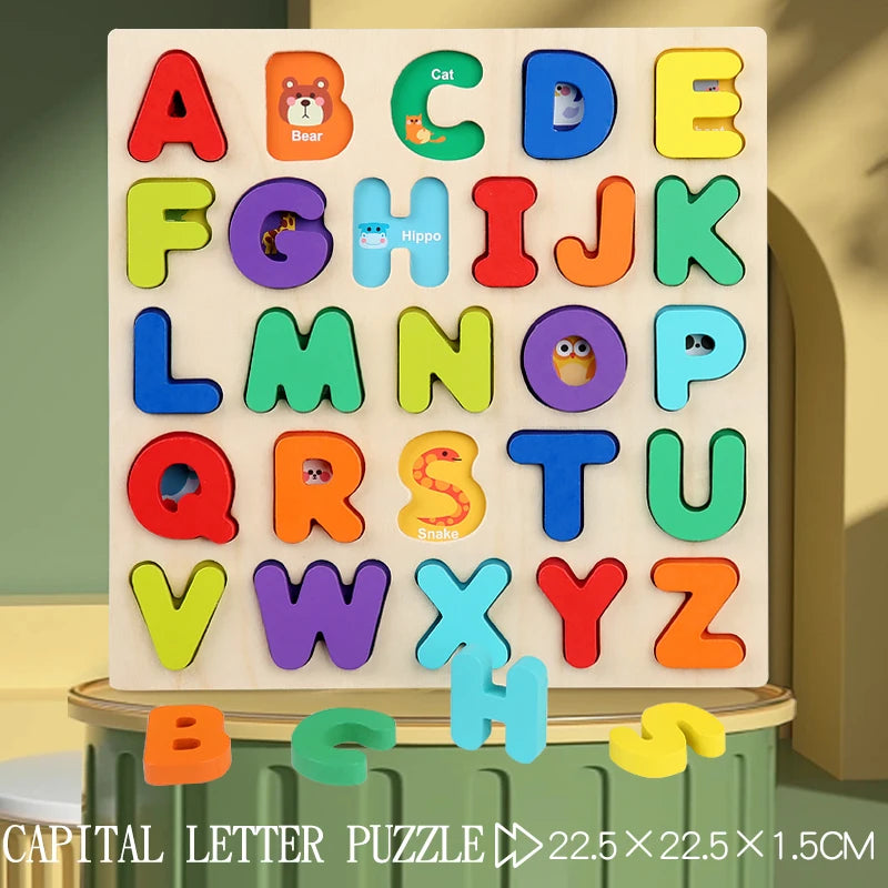 Montessori Wooden Puzzle for Children - Alphabetic Arithmetic Number Geometric Shapes Educational Game Toy for Preschool Learnin