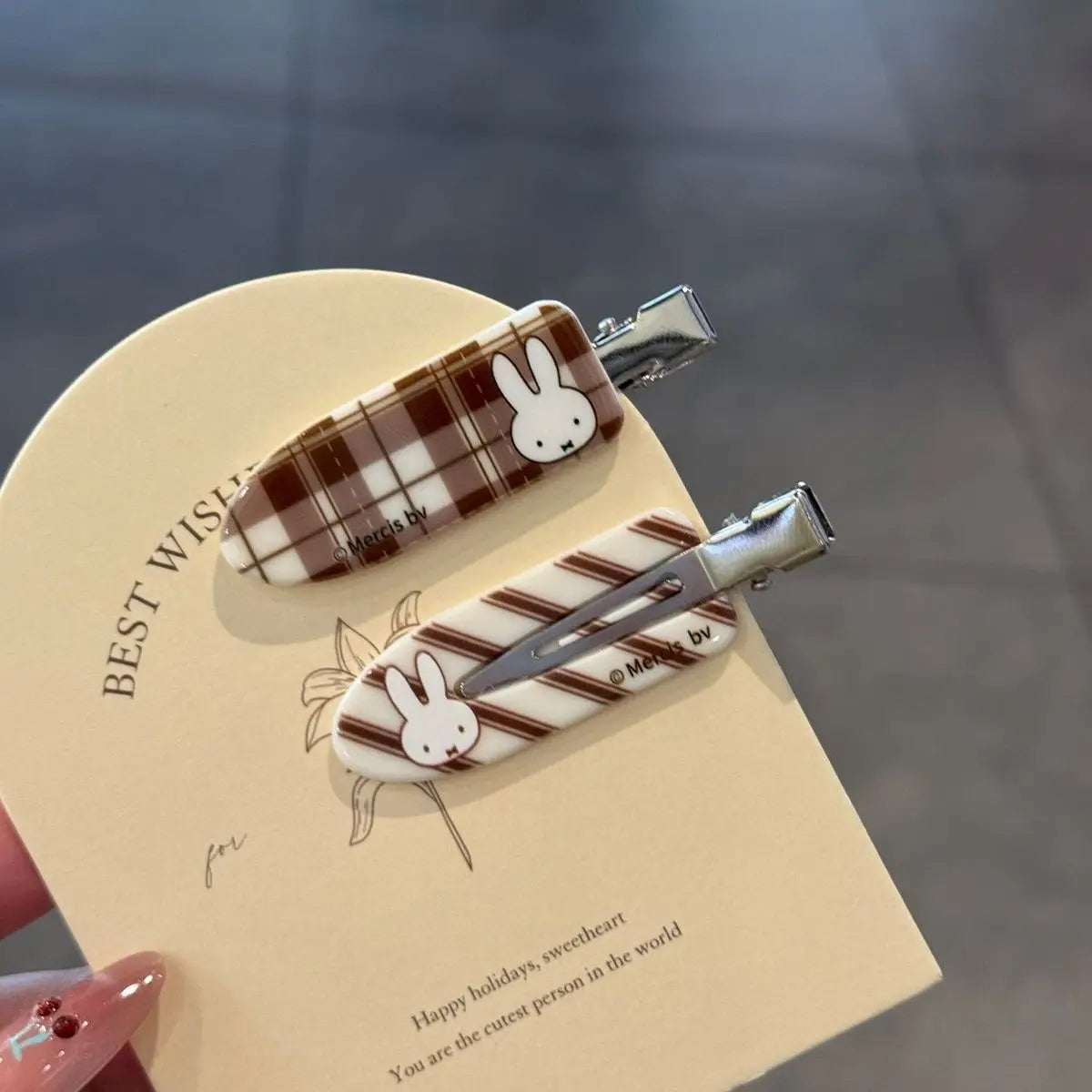 Kawaii Miffy Rabbit Hair Clip Coffee-colored Checkered Miffy Rabbit Traceless Clip Sweet and Retro Girl Cartoon Bangs Clip