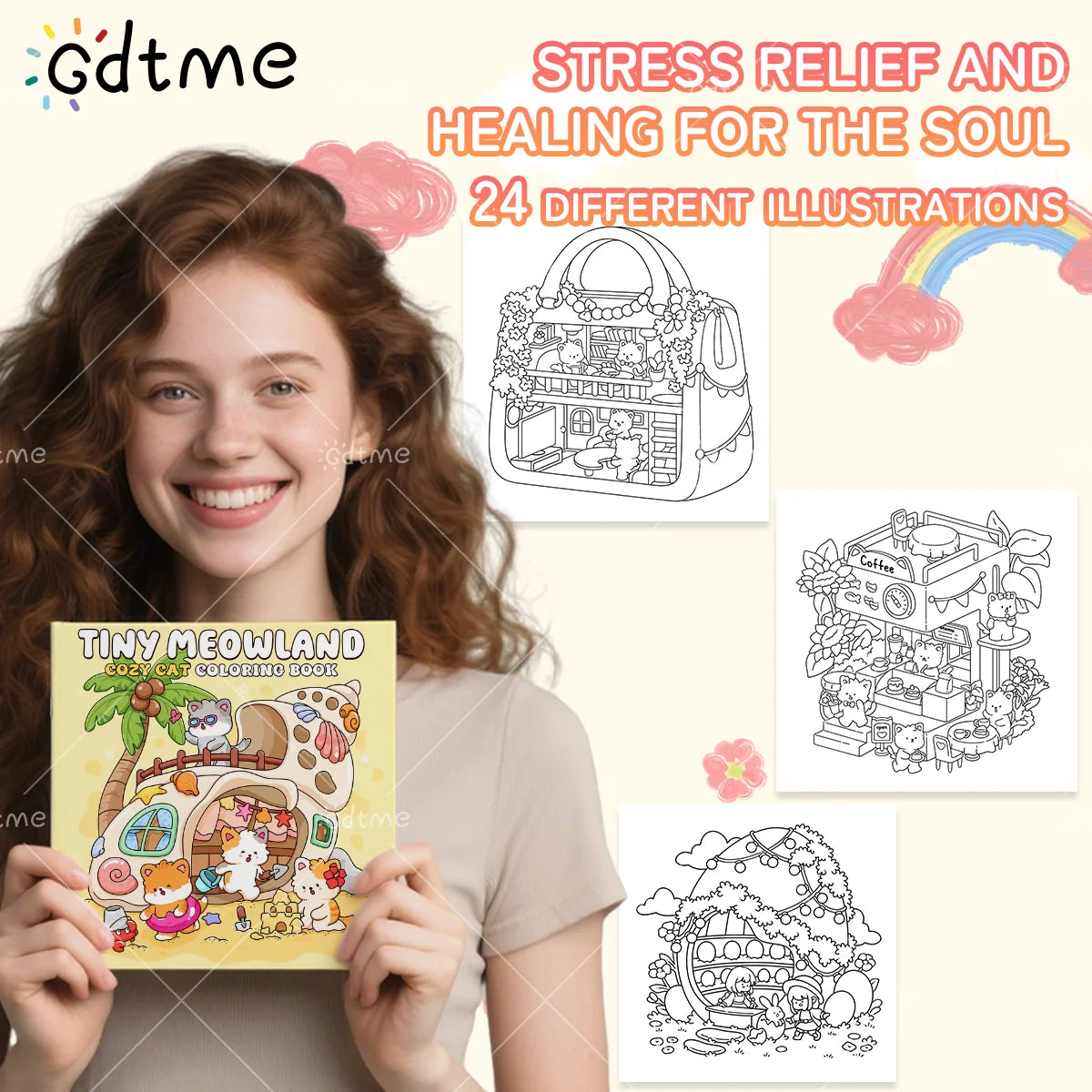 TINY MEOWLAND COZY CAT Coloring Book for Adult Featuring Bold-easy Pattern for Relaxation Kids Educational DIY Painting Drawing