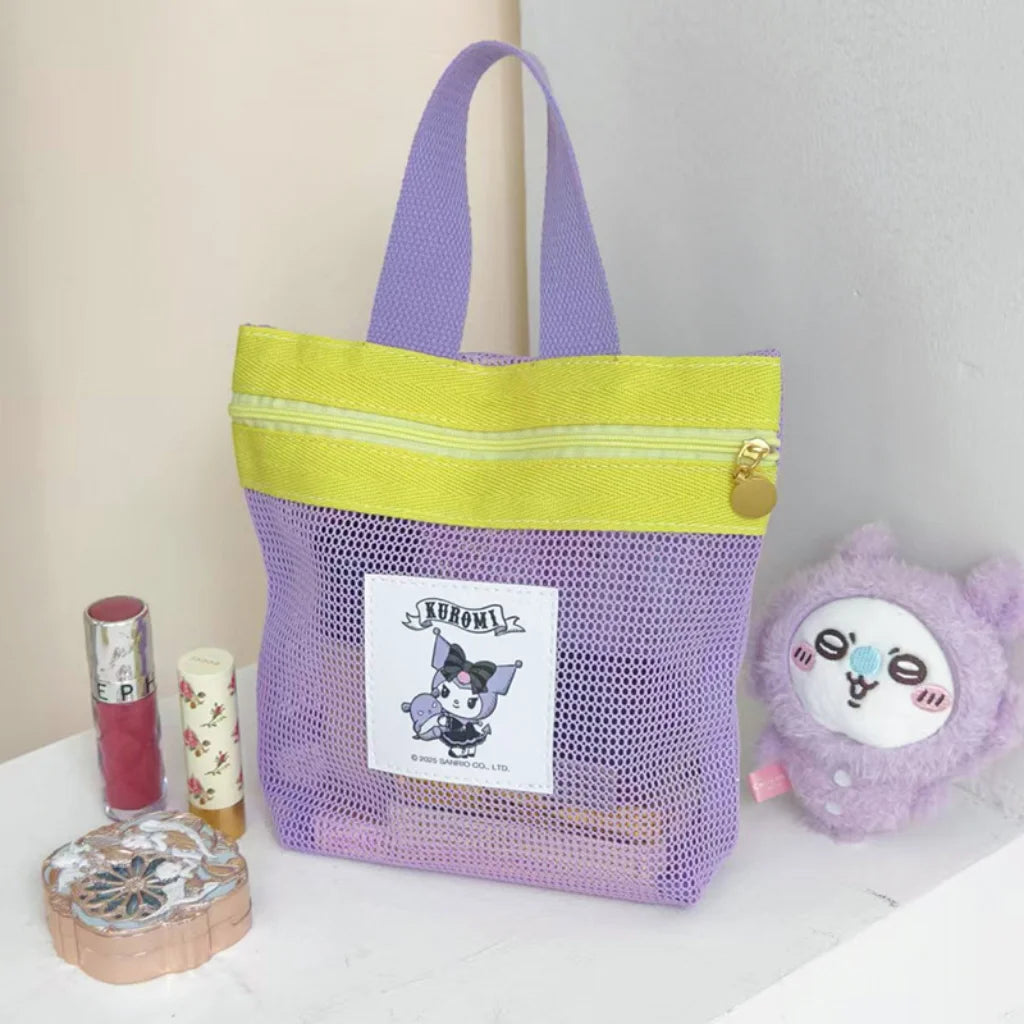 Sanrio Hello Kitty Mesh Bag Portable Tote Bag with Zipper Cute Cartoon Handbag for Women Kids Daily Use