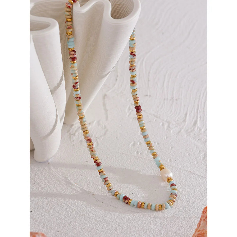 Yhpup Trendy Natural Stone Freshwater Pearl Collar Chain Necklace Stainless Steel Handmade Stylish Beads Jewelry Bijoux Gift