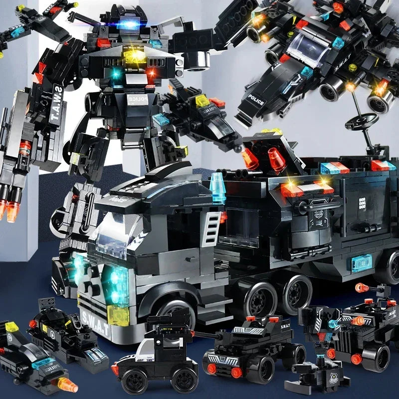 8in1 SWAT Police Station Command Truck Model Building Blocks City Helicopter Bricks Kit Educational Toys for Children