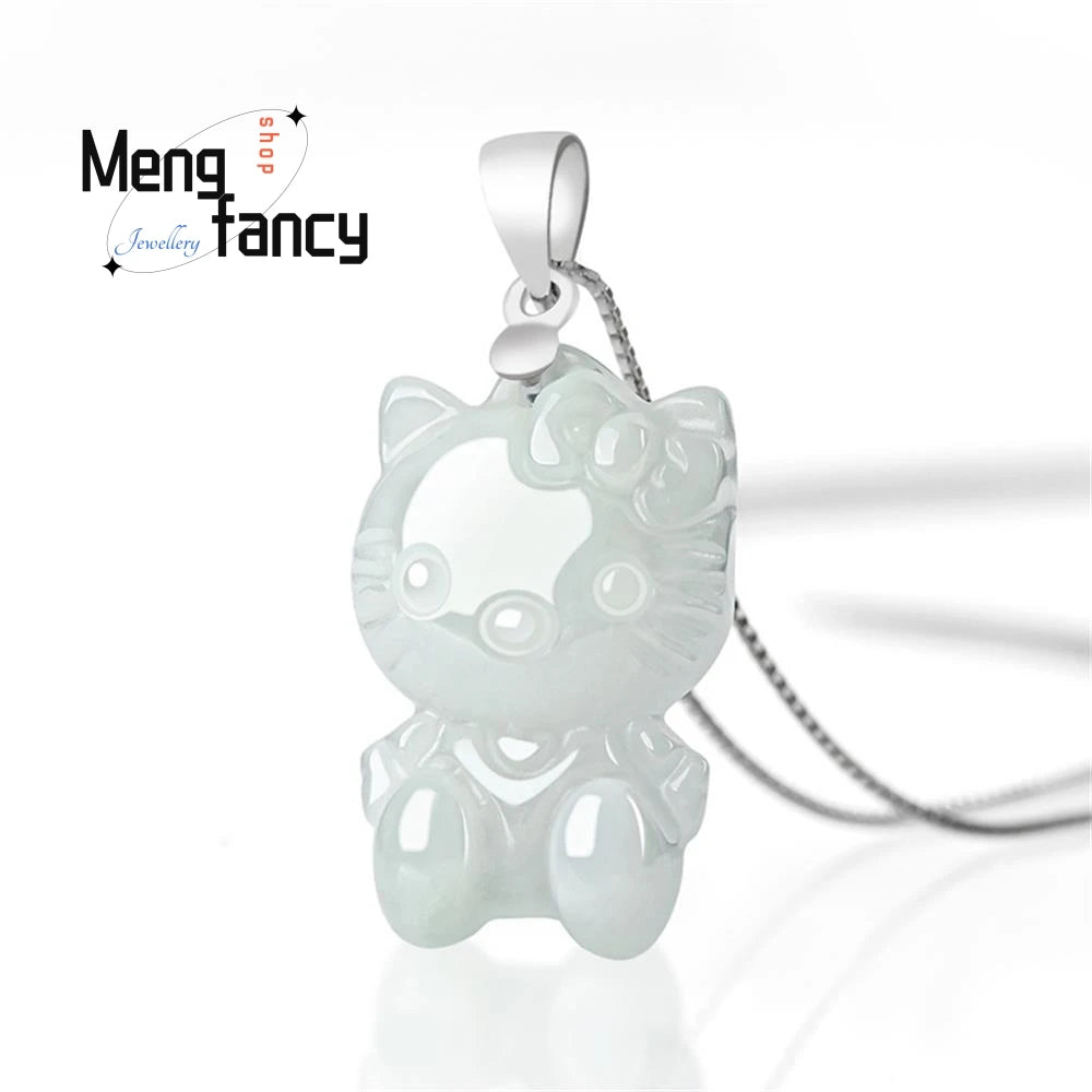 S925 Silver Natural Myanmar A-goods Jadeite Cute Cat Female Pendant Exquisite Elegant Mascot Best Selling Fashion Luxury Jewelry