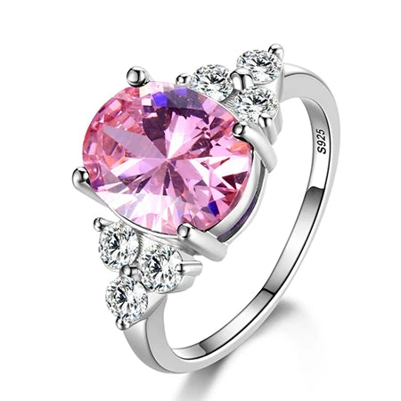 Women's Jewelry S925 Silver Rings White Pink Light Blue Champagne Zircon Oval Wedding Ring