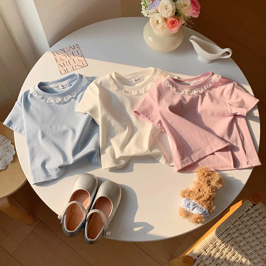 2-10T Cotton Summer Girls Top Infant T Shirt Toddler Kid Baby Clothes Short Sleeve Lace Tshirt Childrens Tee Outfit