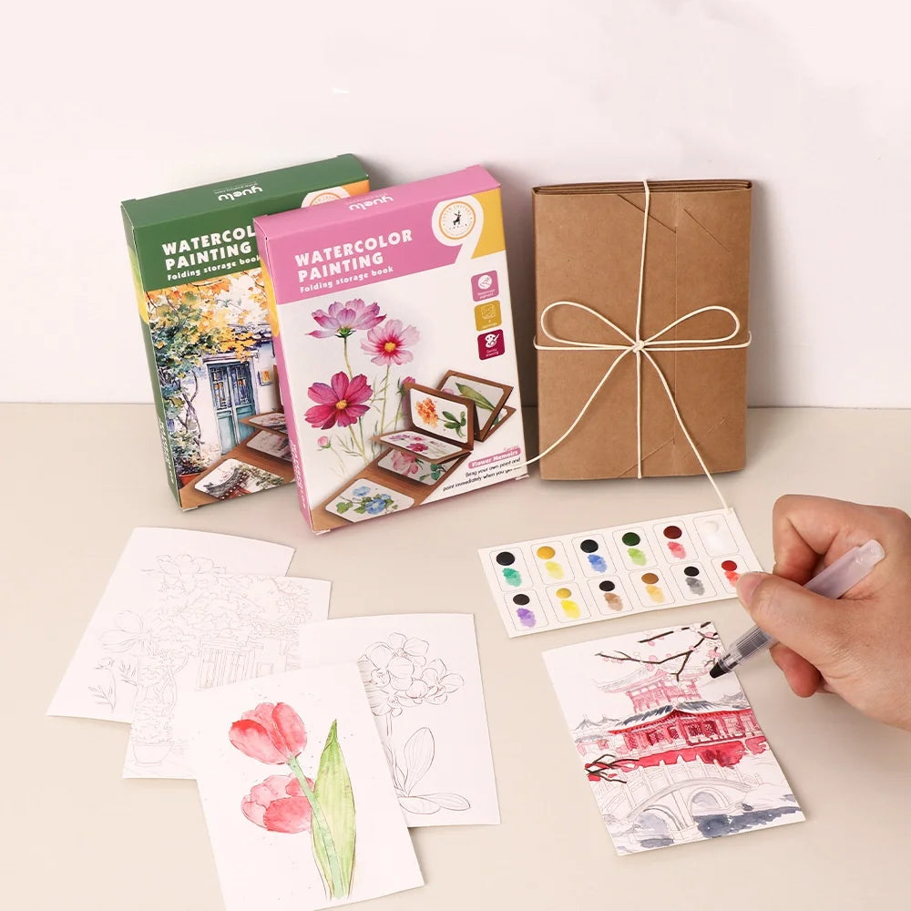 Bview Art Artistic Watercolor Kit: 12-Pan Solid Paints with Expandable Kraft Paper Folder, Compact Travel Painting Supplies
