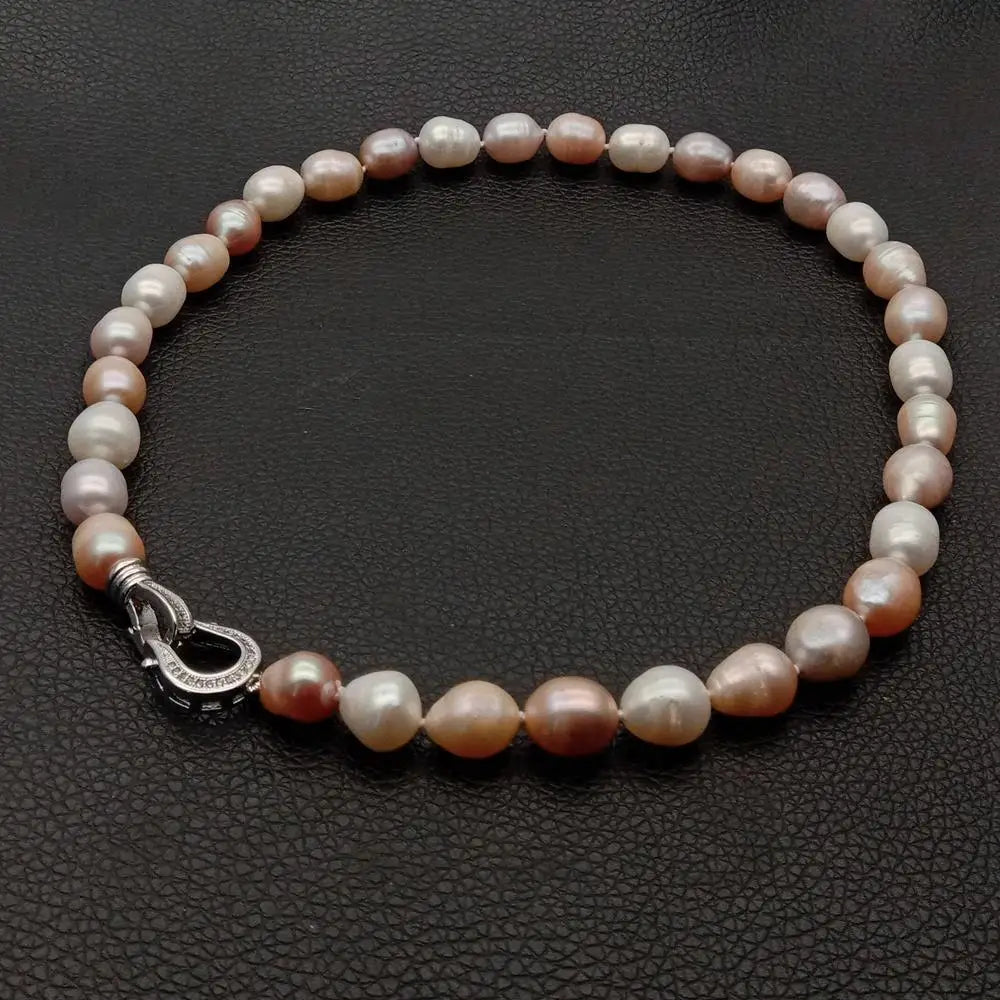 YYGEM natural Freshwater Pearl Pink Purple White Rice Pearl Choker Necklace cz pave clasp  For Women Girl Jewelry Gift
