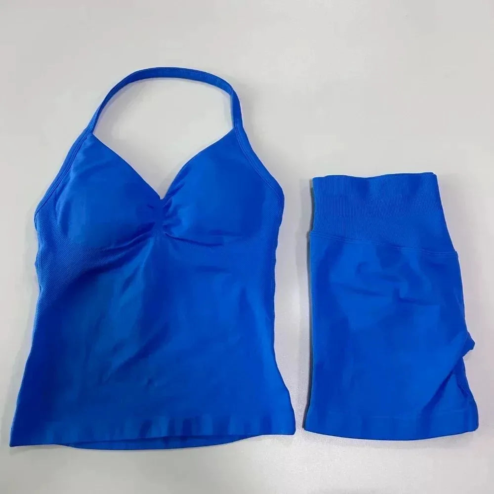 Sexy Halter Neck Beautiful Back High Waist Peach Sports Bras Shorts Suit Pilates Gathering Yoga Vest Training Fitness Bra Sets
