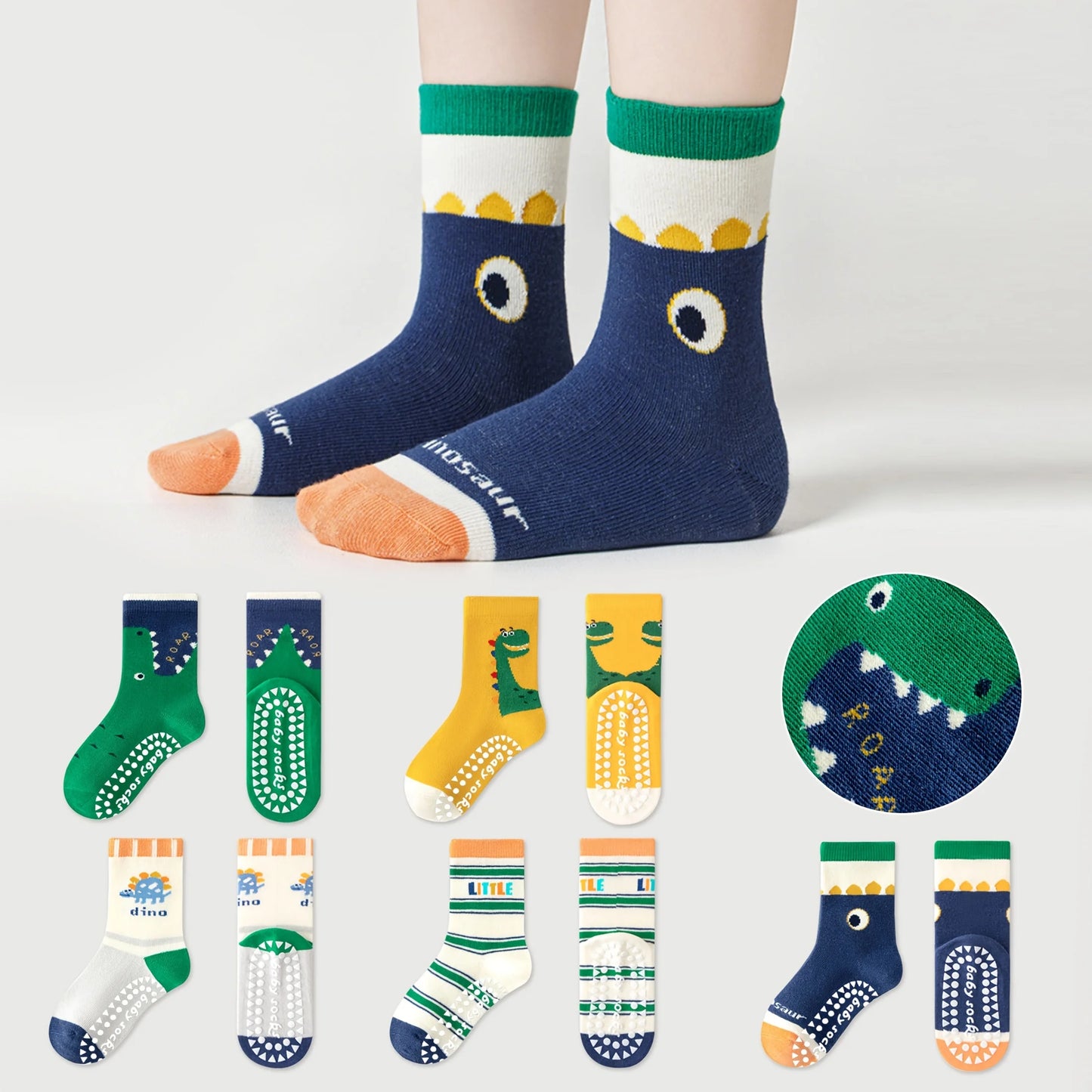 5 Pairs of Children's Floor Socks with Letter Stripes, Cartoon Big-Eyed Dinosaur Pattern, Boys and Girls Baby Toddler Soft-Soled Indoor Non-Slip Mid-Calf Socks, Suitable for Casual Daily Life