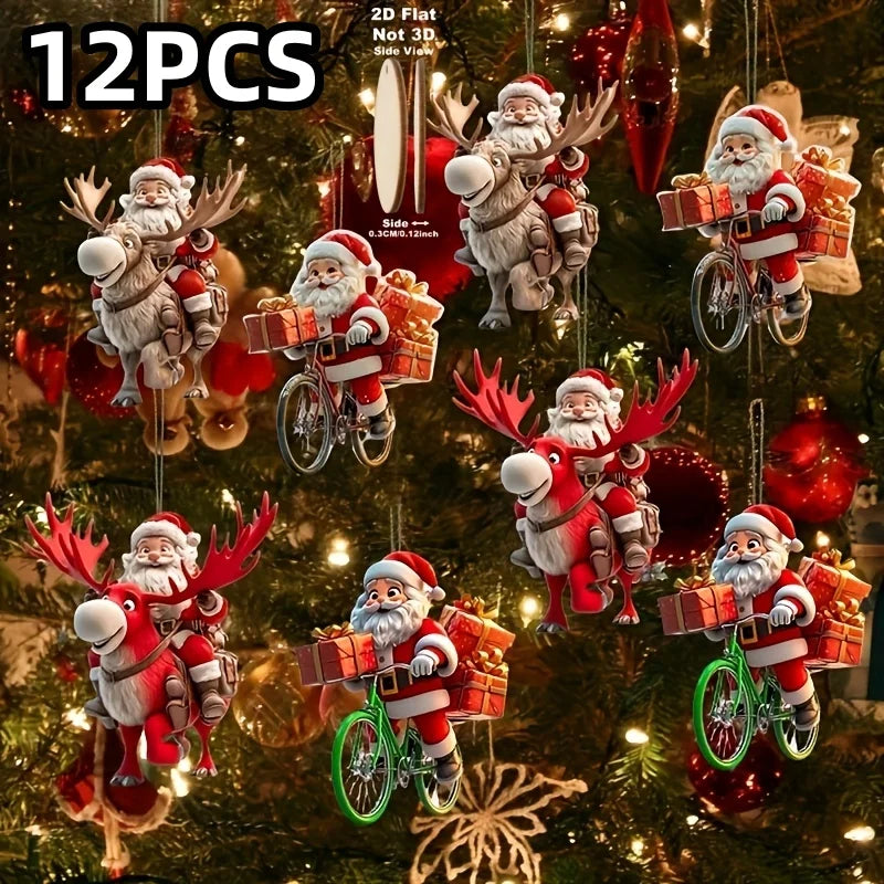 12-Piece Santa Claus Wooden Hanging Ornaments Set—Perfect for Christmas Trees and Holiday Home Decorations, 2D Flat Christmas-Themed Santa Claus Gift-Delivery Style