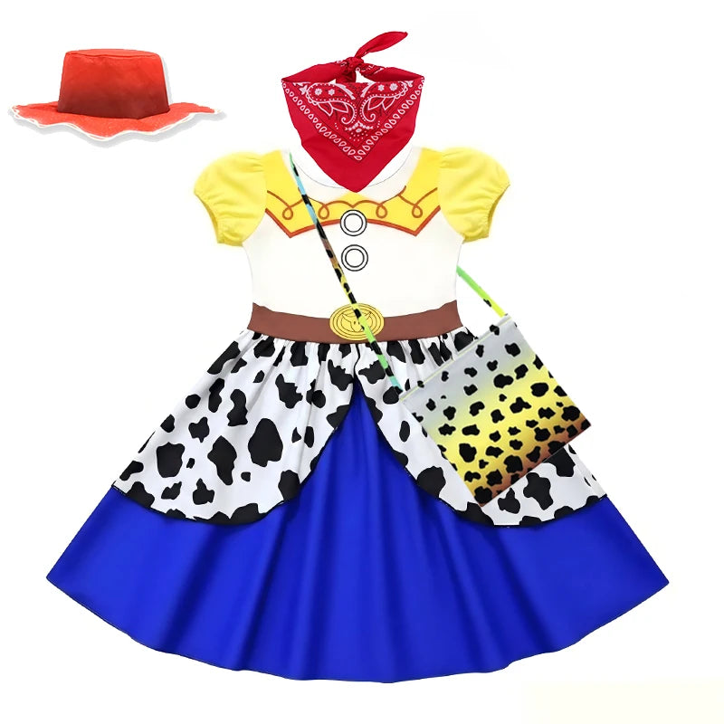 Kids Western Cowgirl Costume Girls Cartoon Print Short Sleeve Dress Halloween Cosplay Birthday Party Dress Outfit