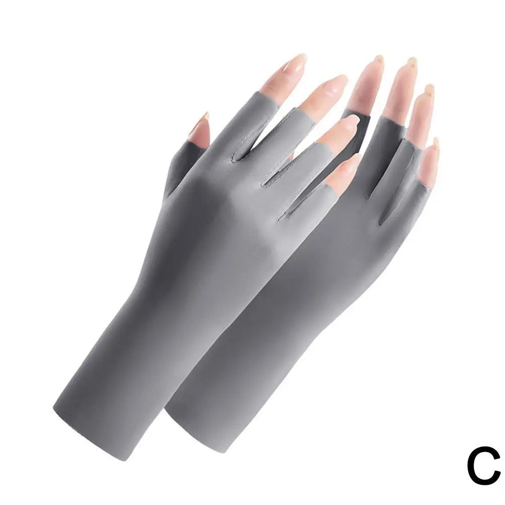 Women's Summer Ice Silk UV Protection Sunscreen Gloves Half Finger Thin Breathable Cooling Driving Gloves