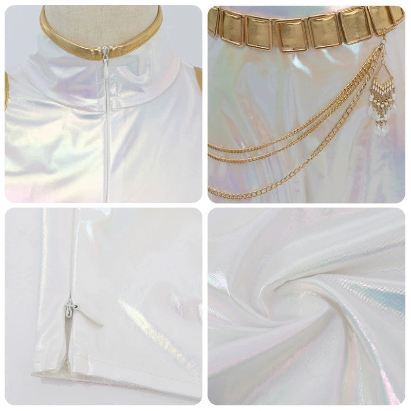 Cosplay Costume PU Leather White Singing Suit Women Halloween Carnival Party Outfit Girls Wig