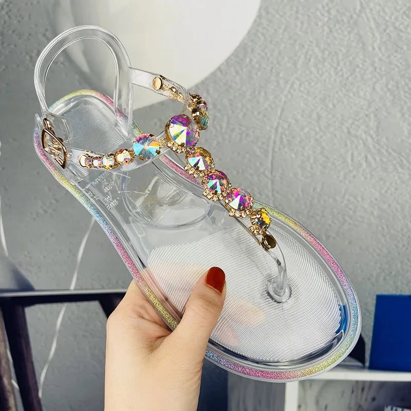 Size 36-42 Women Girls Jelly T- Tied Sandals INS Hot Sales Diamond Transparent PVC Summer Berach Flip-flop Shoes S1055
