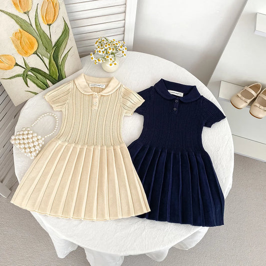 1-5Y Kids Clothes Hollow Out Knit Dress For Girls Preppy Style Childrens  Knit Pleated Dresses