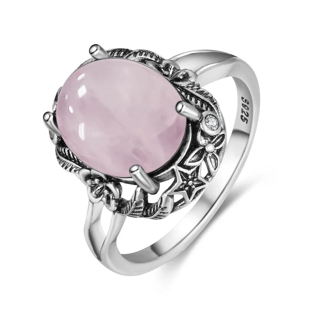 S925 Sterling SilverRing for Women Oval Round Natural Rose Quartz Ring Gift Sun Shaped Retro Luxury Fashion Fine Jewelry