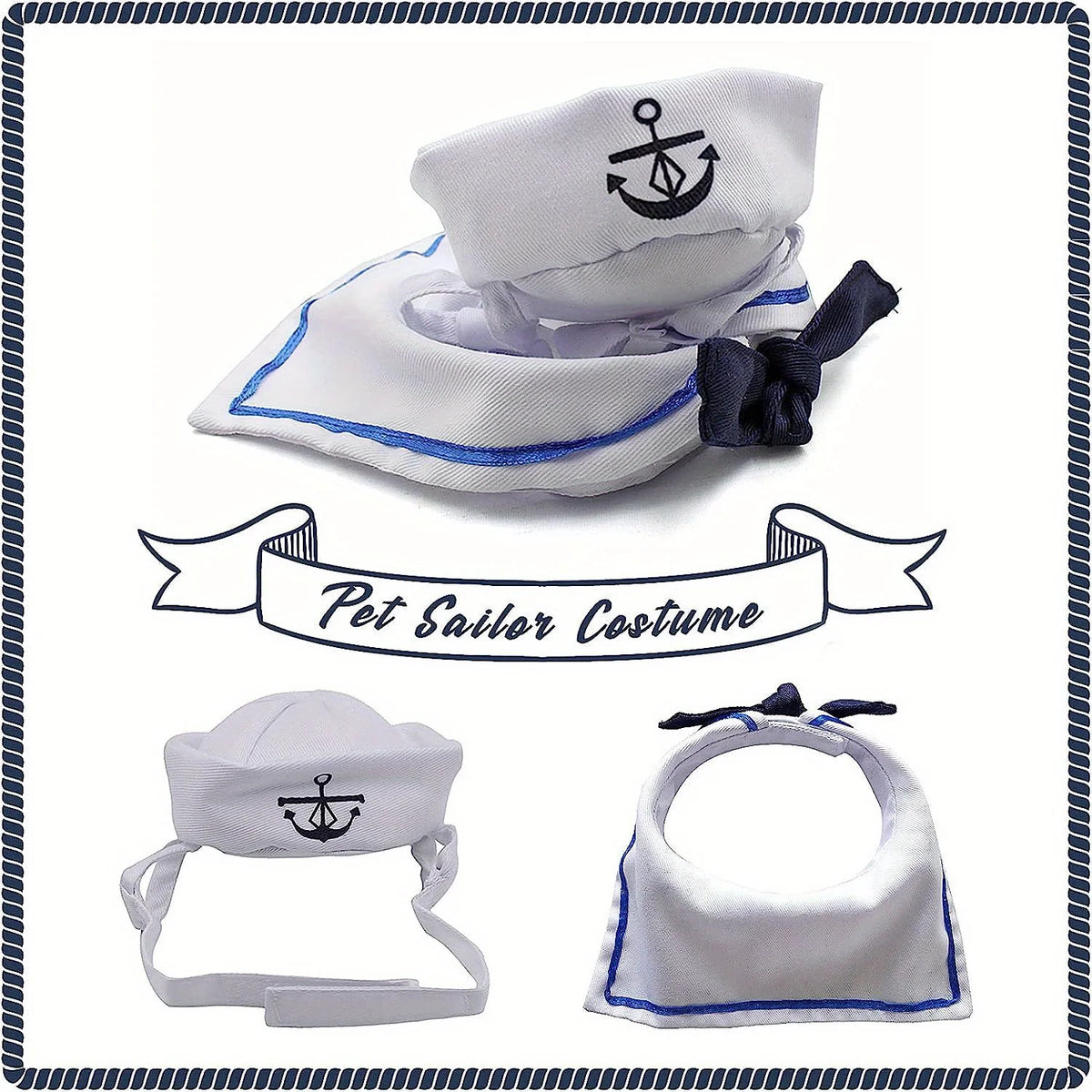 Pet Sailor Costume – Navy Hat & Tie Collar Set for Cats & Small Dogs