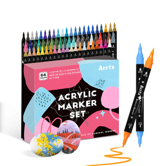 Arrtx 64 Colors Acrylic Paint Pens, Brush and Fine Dual Tip Acrylic Markers, Water Based Acrylic Marker Supplies for Painting
