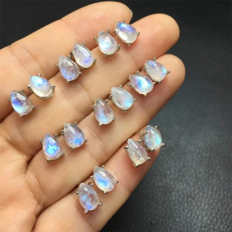S925 Natural Blue Moon Stone Drop Shape Stud Earrings For Women Charms Handmade Fortune Energy Amulet Jewelry Gift 1pair