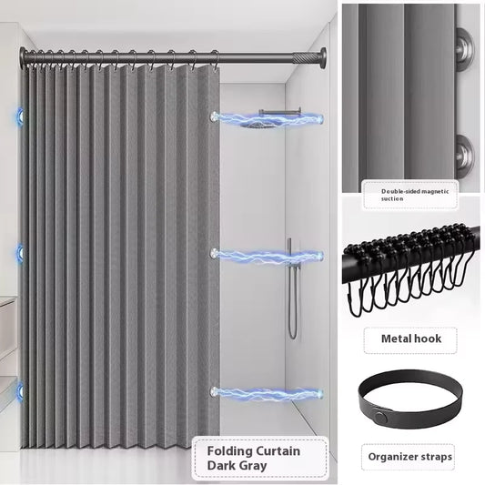 Magnetic Foldable Linen Bath Curtain Waterproof for Walk-In Shower - No Included Adjustable Rod