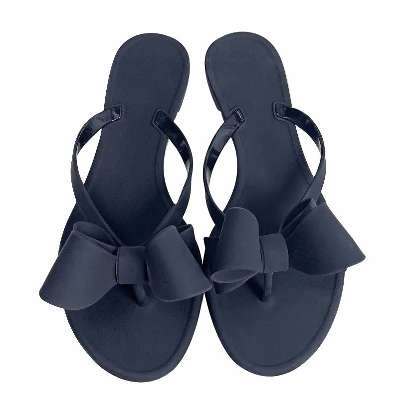 New Summer Women Bow PVC Sandals Jelly Shoes Lady Flat Casual Shoes Beach Shoes Adult Flip-Flops Soft Non-Slip Casual Sandals