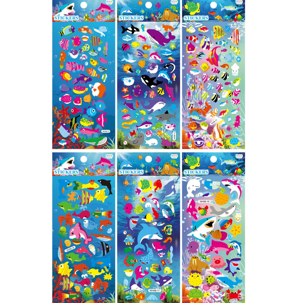 6Sheets 3D Bubble Sticker Car Truck Dinosaurs Marine Animals Cartoon Decals WaterproofKids Funny Educational Decals Toys