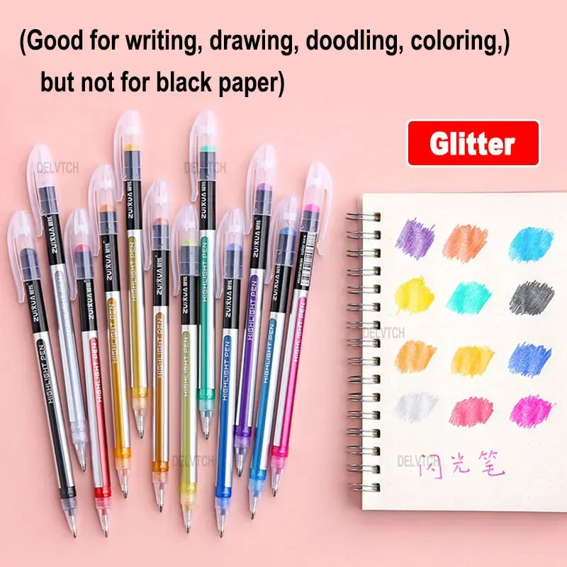 DELVTCH 12/24/36/48 Color Set Glitter Metallic Highlighter Gel Pen 1.0mm Tip For Art Marking Painting Drawing Kids Graffiti Gift